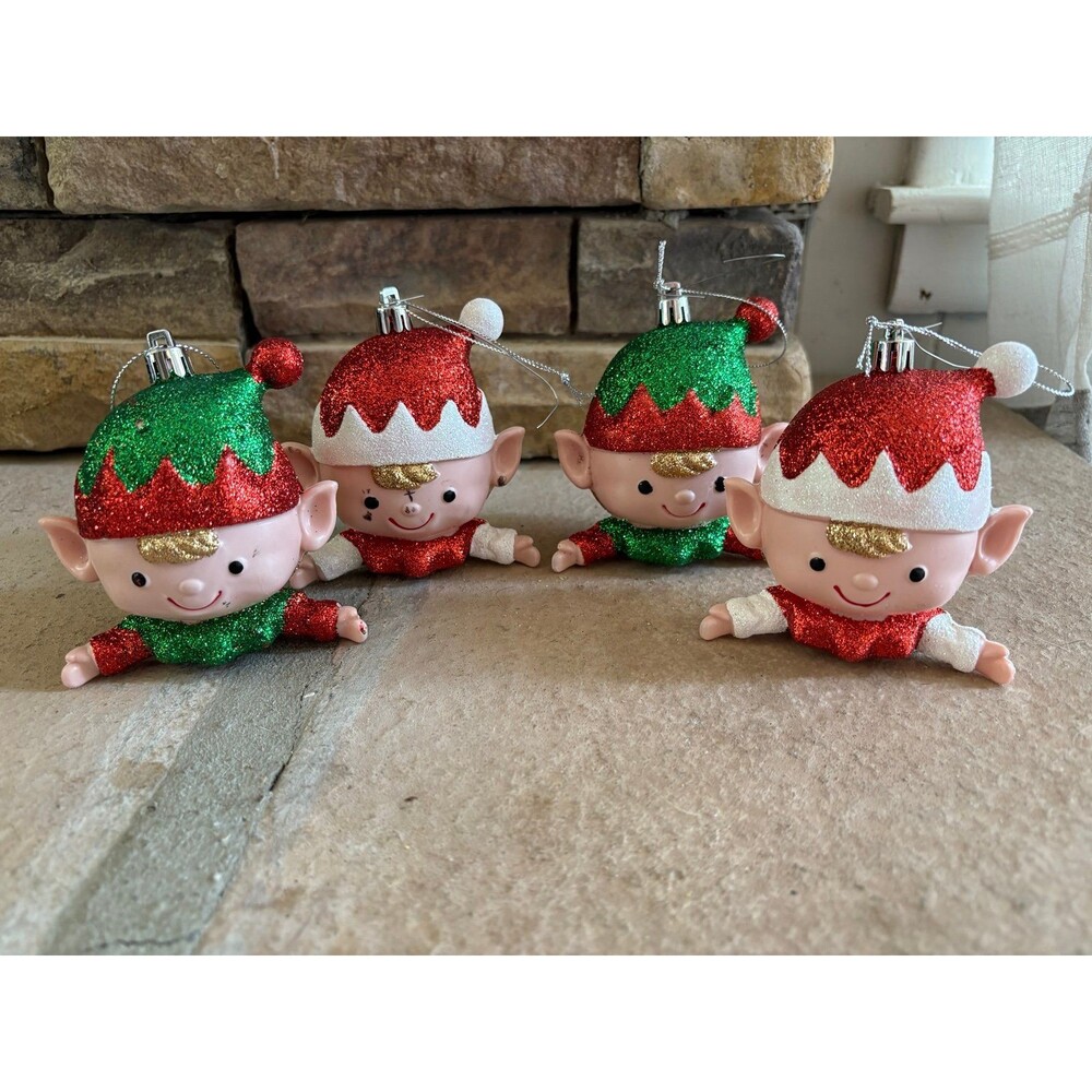 Lot of 4 Glitter Elf Christmas Holiday Tree Ornaments